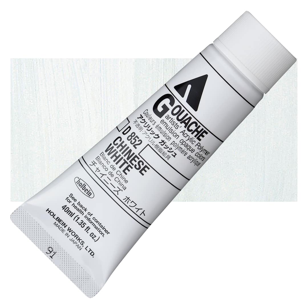 Open in modal - Holbein Acrylic Gouache - Chinese White, 40 ml tube and swatch