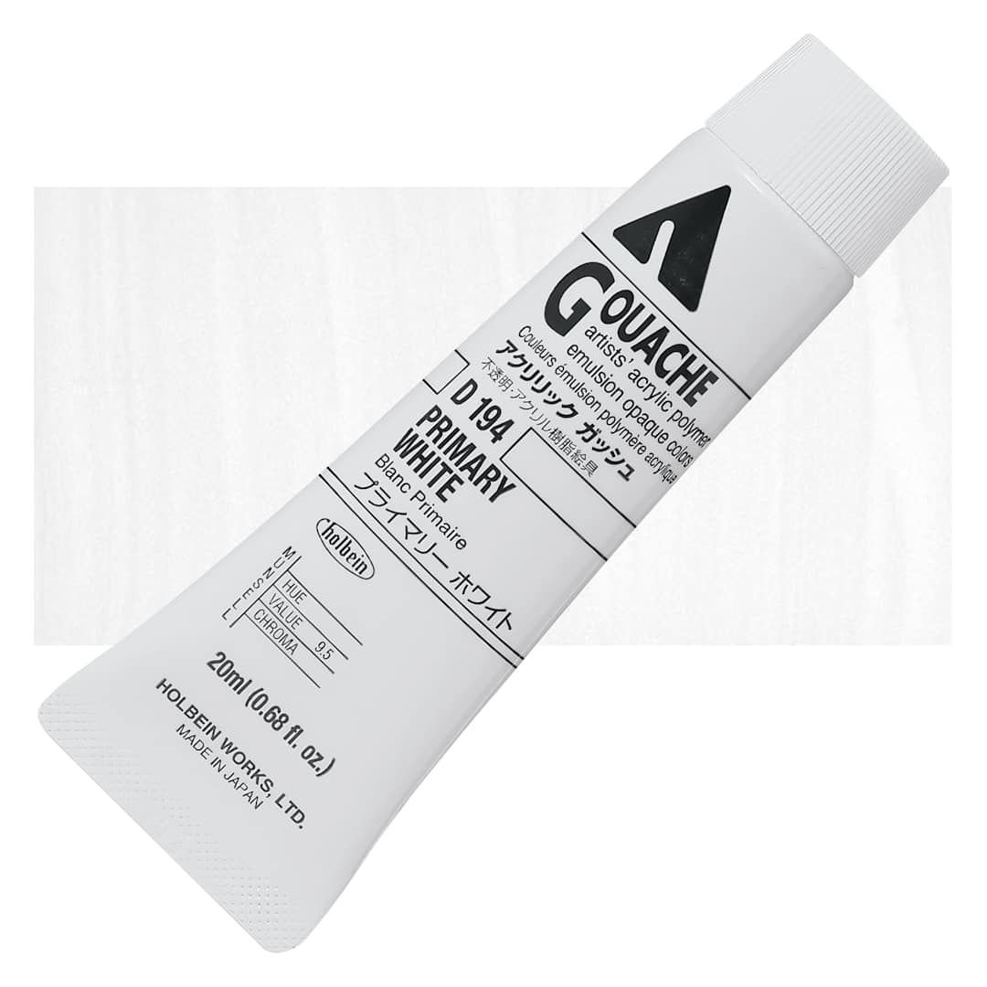 Open in modal - Holbein Acrylic Gouache - Primary White, 20 ml tube and swatch