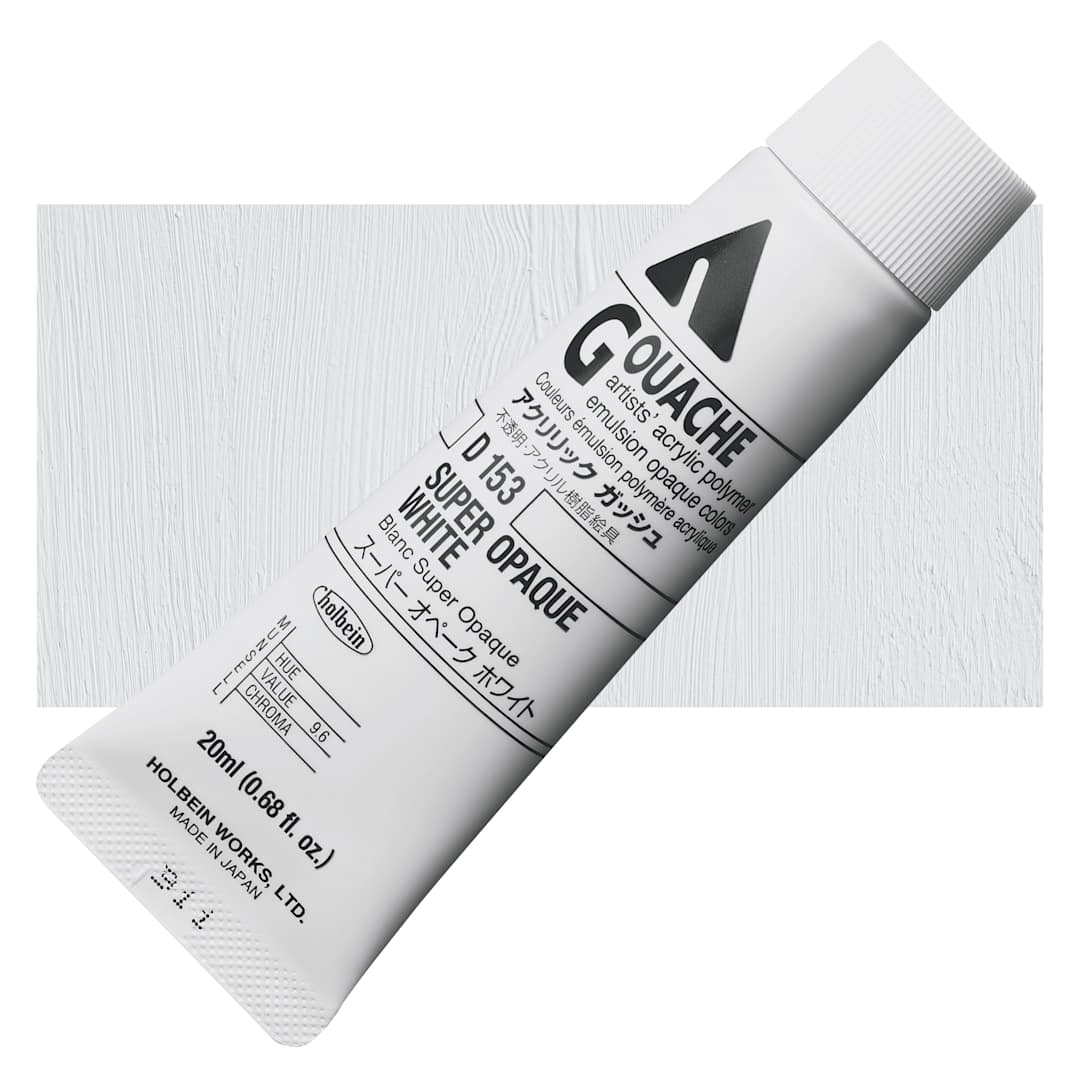 Open in modal - Holbein Acryla Gouache - Super Opaque White, 20 ml tube and swatch