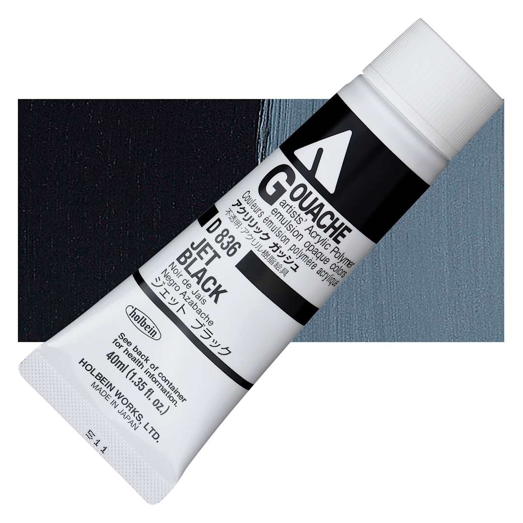 Open in modal - Holbein Acrylic Gouache - Jet Black, 40 ml tube and swatch