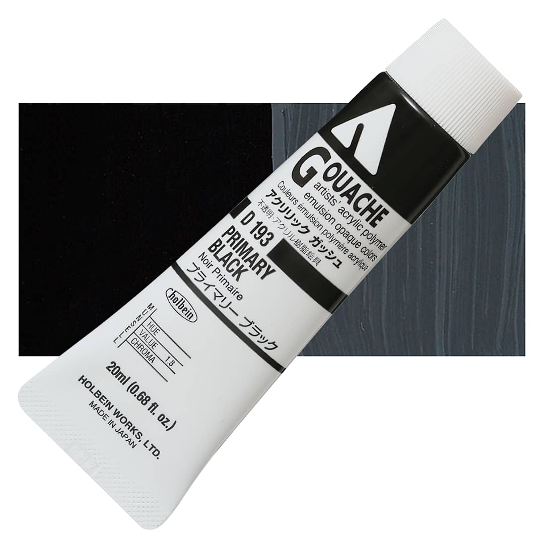 Open in modal - Holbein Acrylic Gouache - Primary Black, 20 ml tube and swatch
