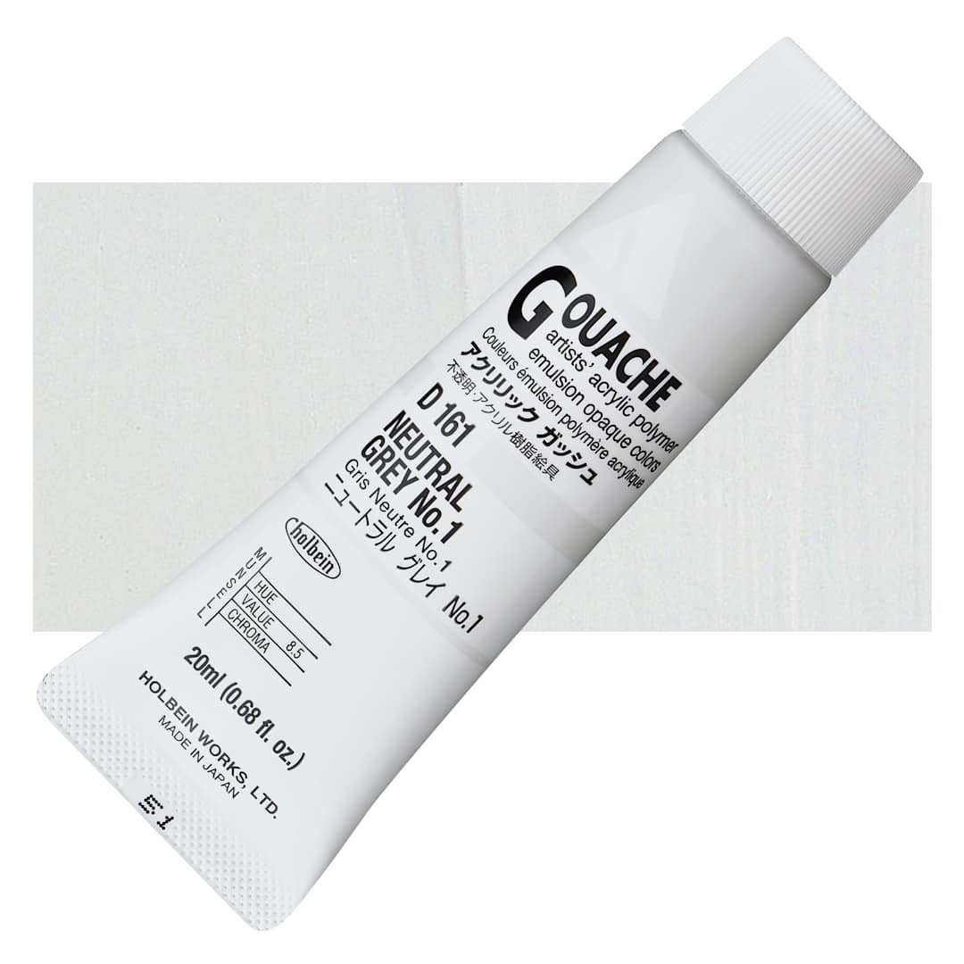 Open in modal - Holbein Acrylic Gouache - Neutral Gray 1, 20 ml tube and swatch