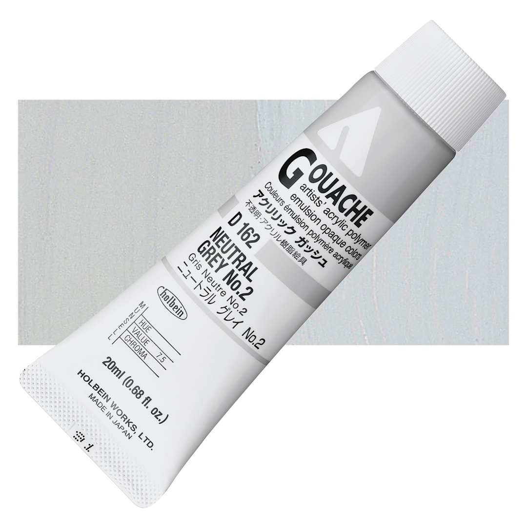 Open in modal - Holbein Acrylic Gouache - Neutral Gray 2, 20 ml tube and swatch