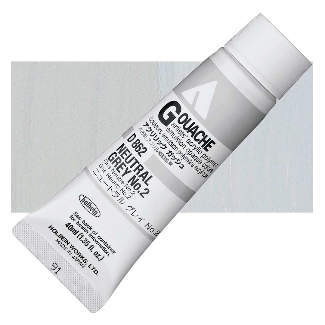 Open in modal - Holbein Acrylic Gouache - Neutral Grey 2, 40 ml tube and swatch