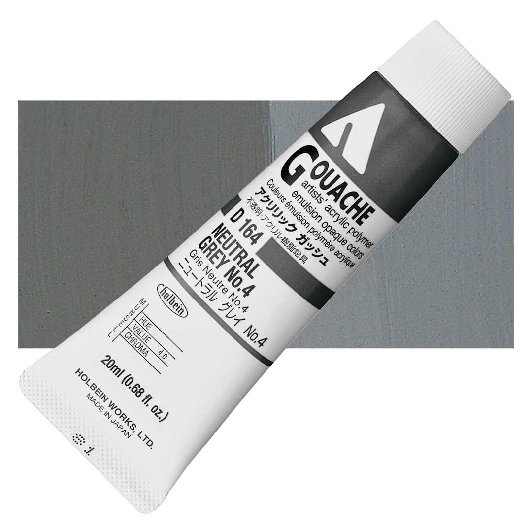 Open in modal - Holbein Acrylic Gouache - Neutral Gray 4, 20 ml tube and swatch
