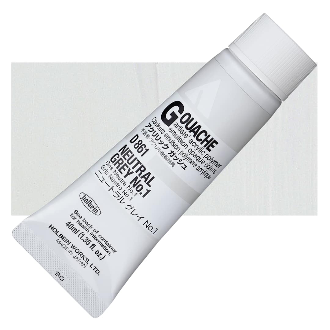 Open in modal - Holbein Acrylic Gouache - Neutral Gray 1, 40 ml tube and swatch