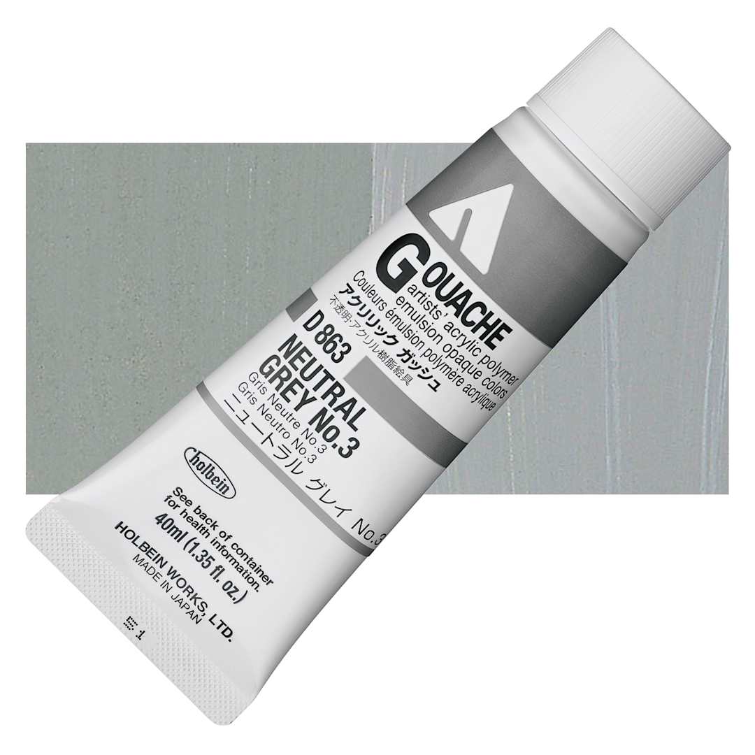 Open in modal - Holbein Acrylic Gouache - Neutral Gray 3, 40 ml tube and swatch