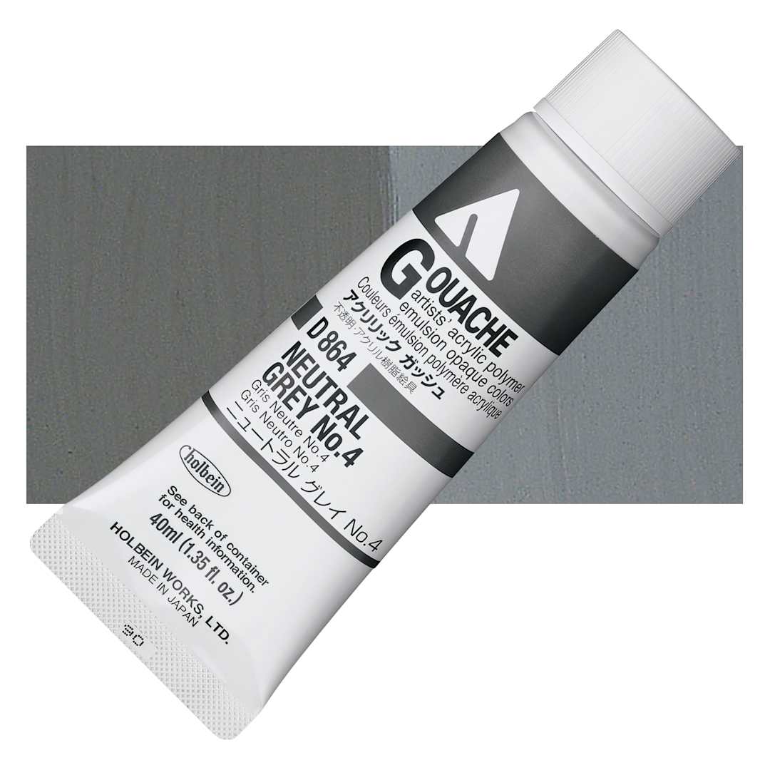 Open in modal - Holbein Acrylic Gouache - Neutral Gray 4, 40 ml tube and swatch