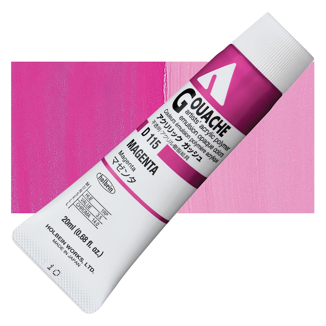 Open in modal - Holbein Acrylic Gouache - Magenta, 20 ml tube and swatch