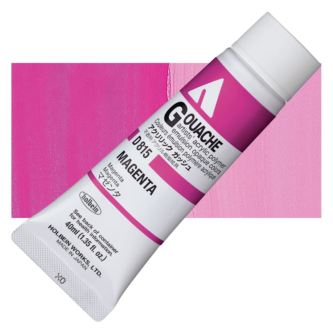 Open in modal - Holbein Acrylic Gouache - Magenta, 40 ml tube and swatch