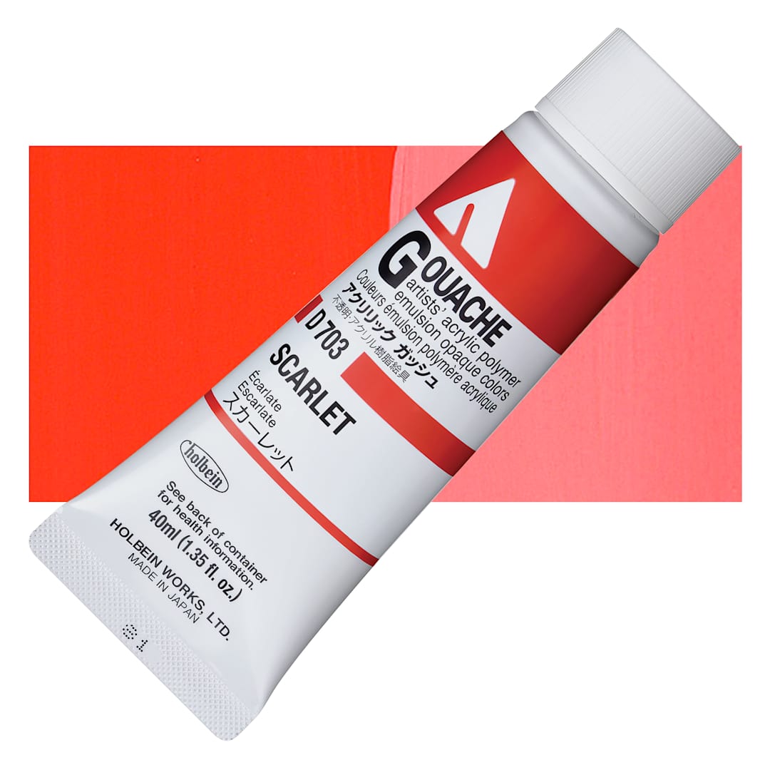 Open in modal - Holbein Acrylic Gouache - Scarlet, 40 ml tube and swatch