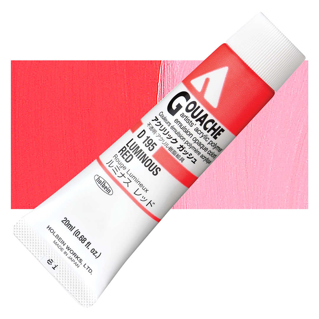 Open in modal - Holbein Acrylic Gouache - Luminous Red, 20 ml tube and swatch