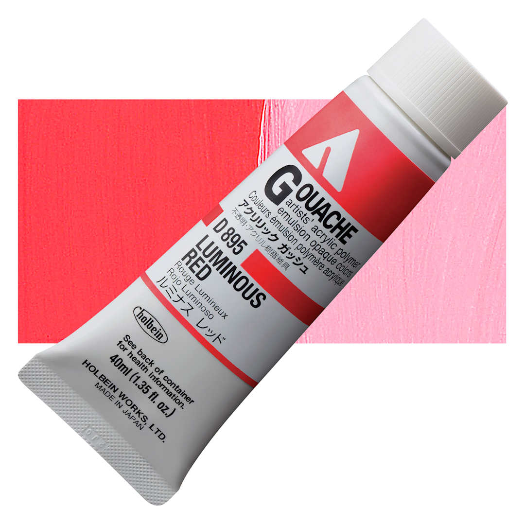 Open in modal - Holbein Acrylic Gouache - Luminous Red, 40 ml tube and swatch