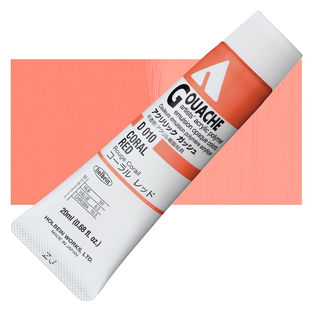 Open in modal - Holbein Acrylic Gouache - Coral Red, 20 ml tube and swatch