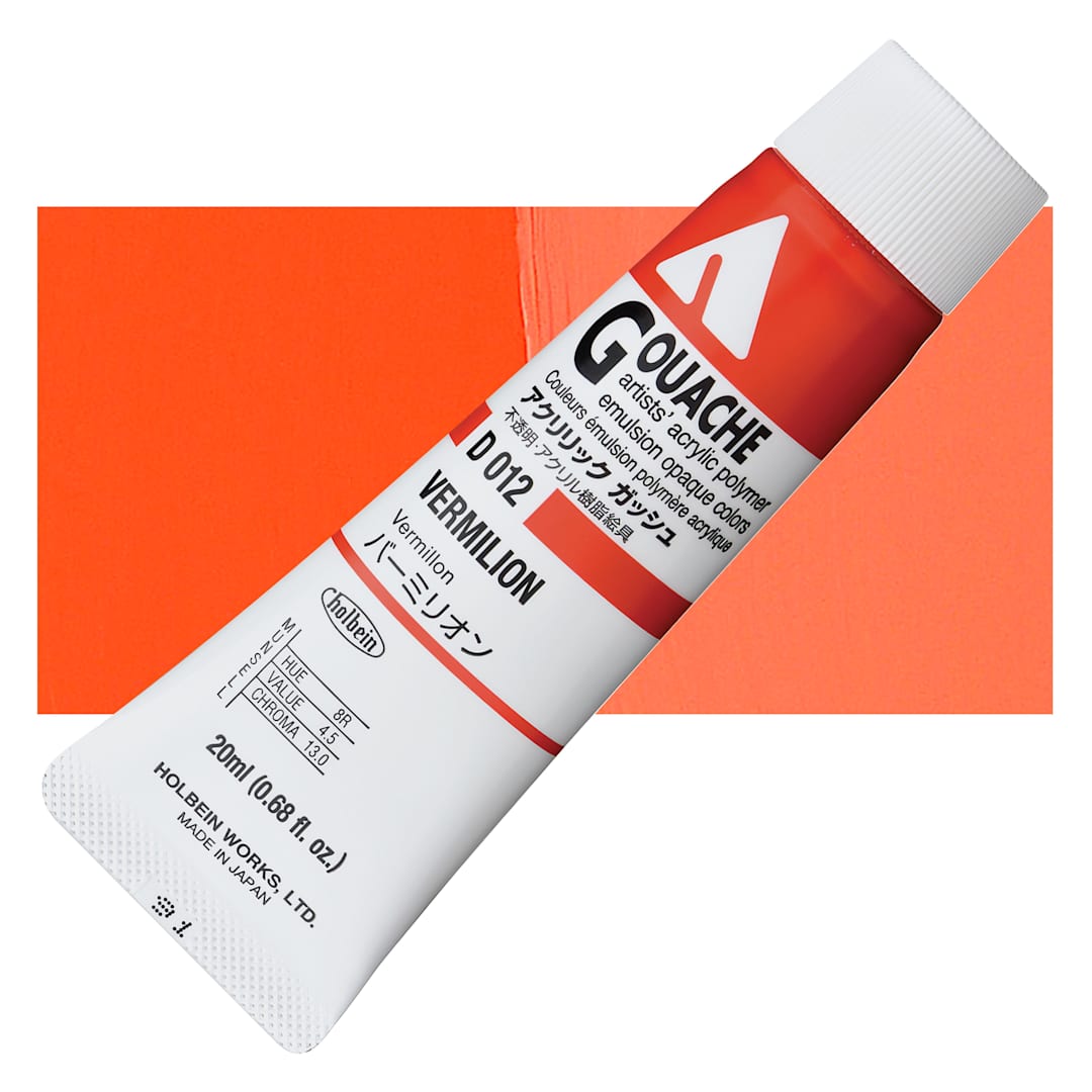 Open in modal - Holbein Acrylic Gouache - Vermilion, 20 ml tube and swatch