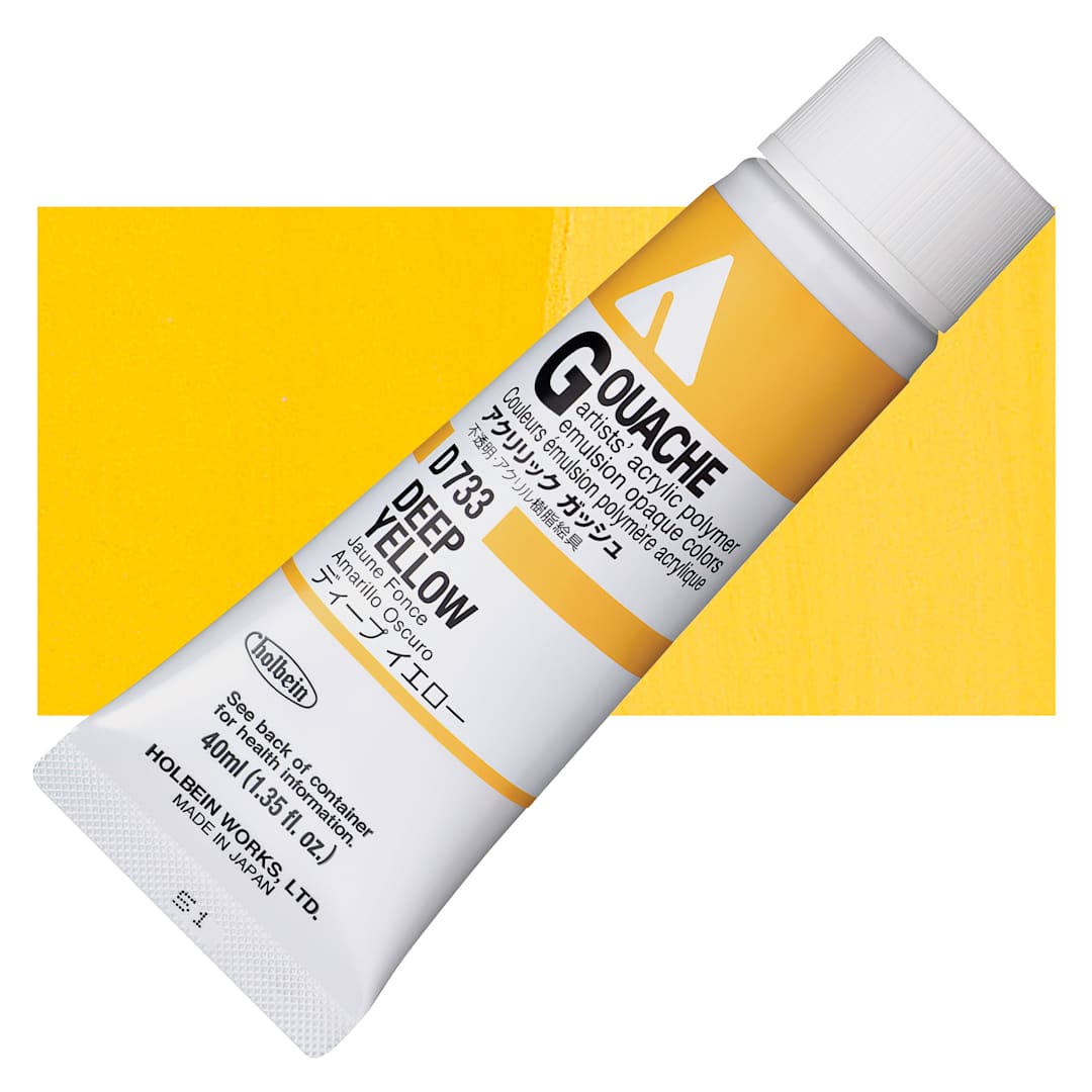 Open in modal - Holbein Acrylic Gouache - Deep Yellow, 40 ml tube and swatch