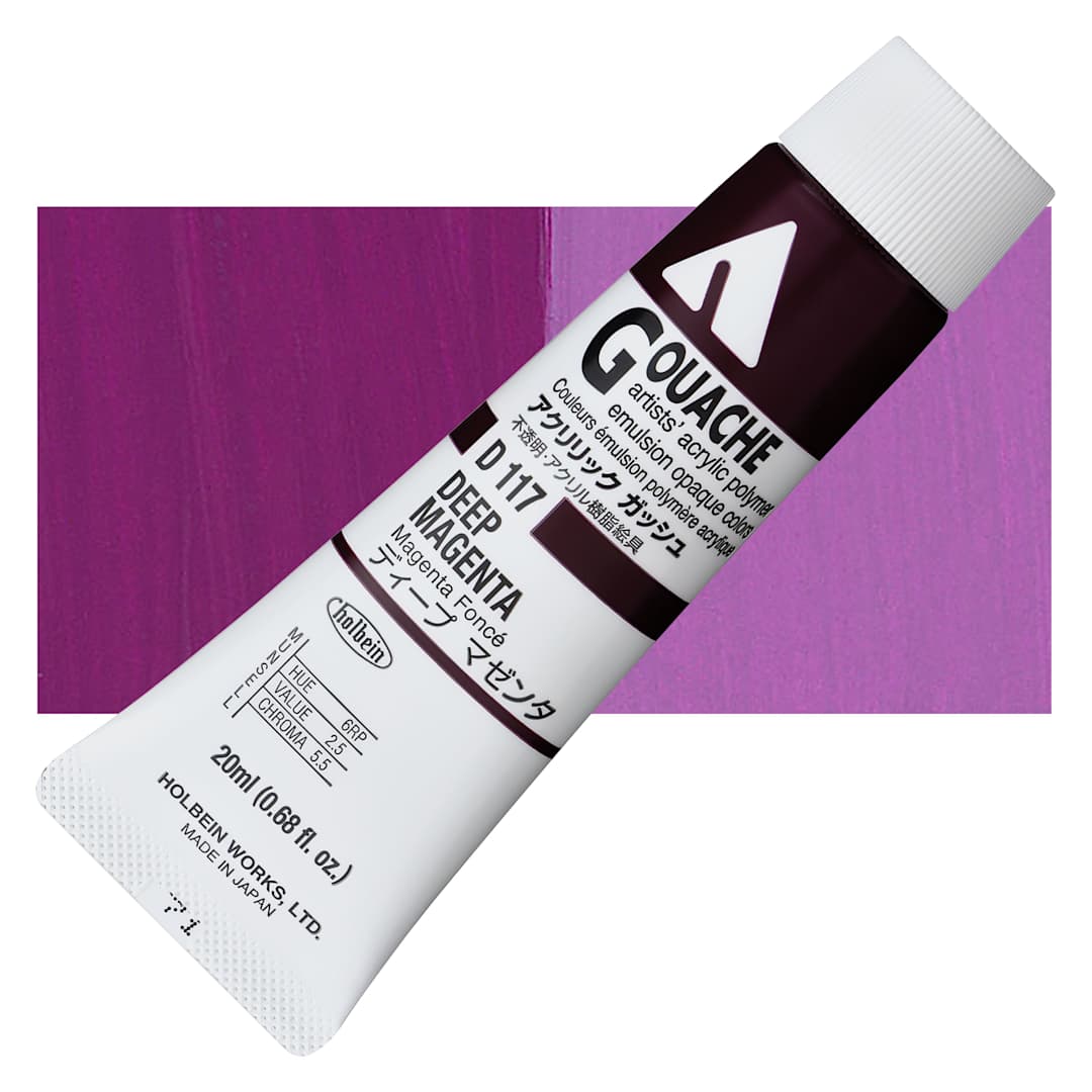 Open in modal - Holbein Acrylic Gouache - Deep Magenta, 20 ml tube and swatch