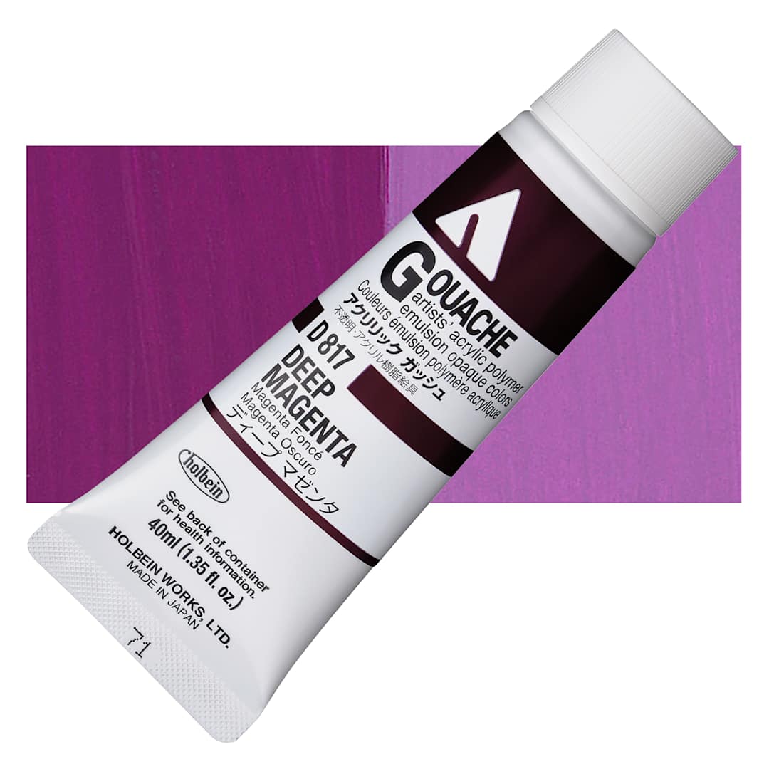 Open in modal - Holbein Acrylic Gouache - Deep Magenta, 40 ml tube and swatch