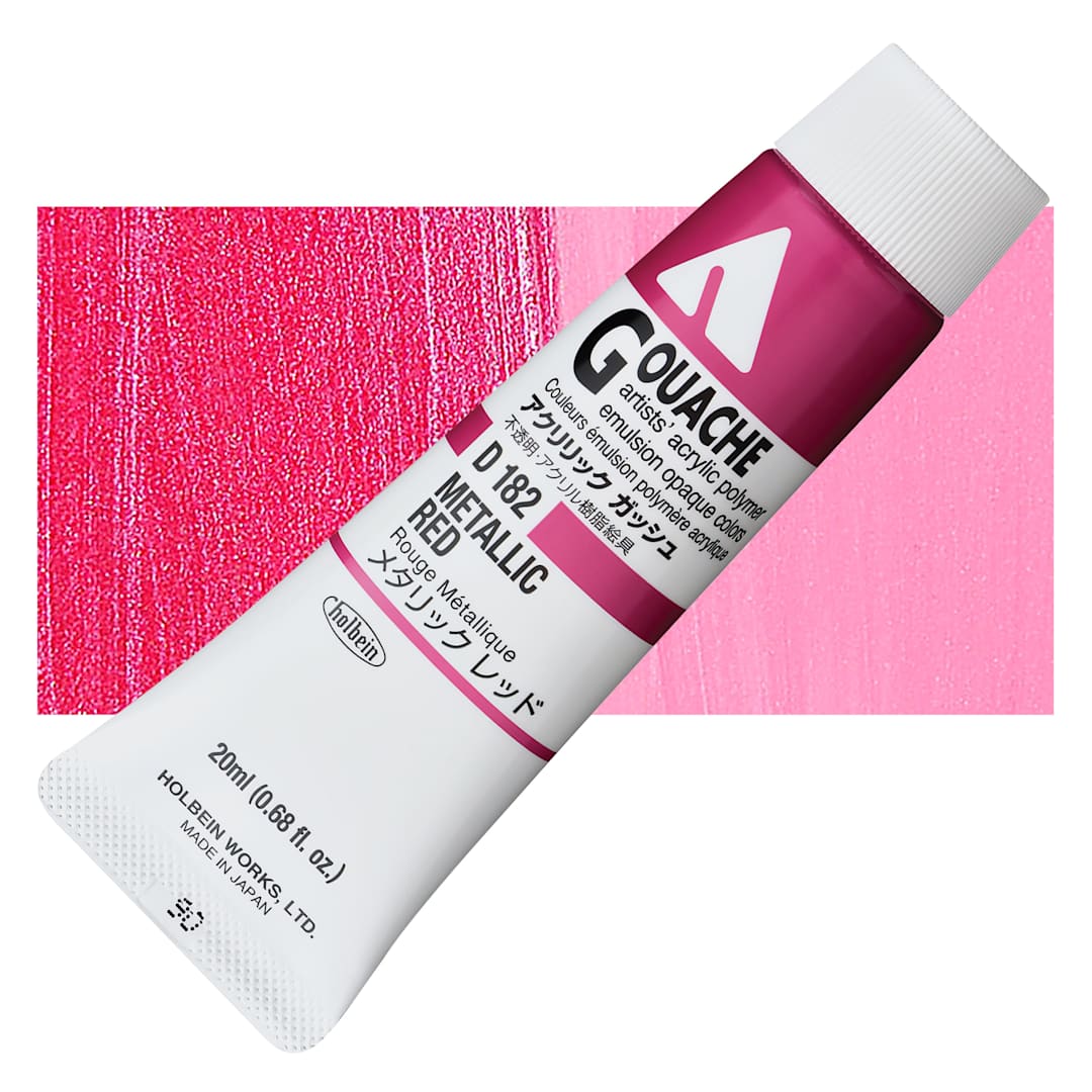 Open in modal - Holbein Acrylic Gouache - Metallic Red, 20 ml tube and swatch
