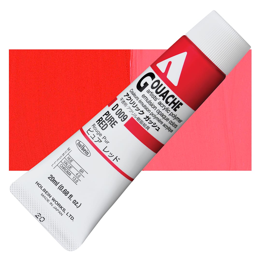 Open in modal - Holbein Acrylic Gouache - Pure Red, 20 ml tube and swatch