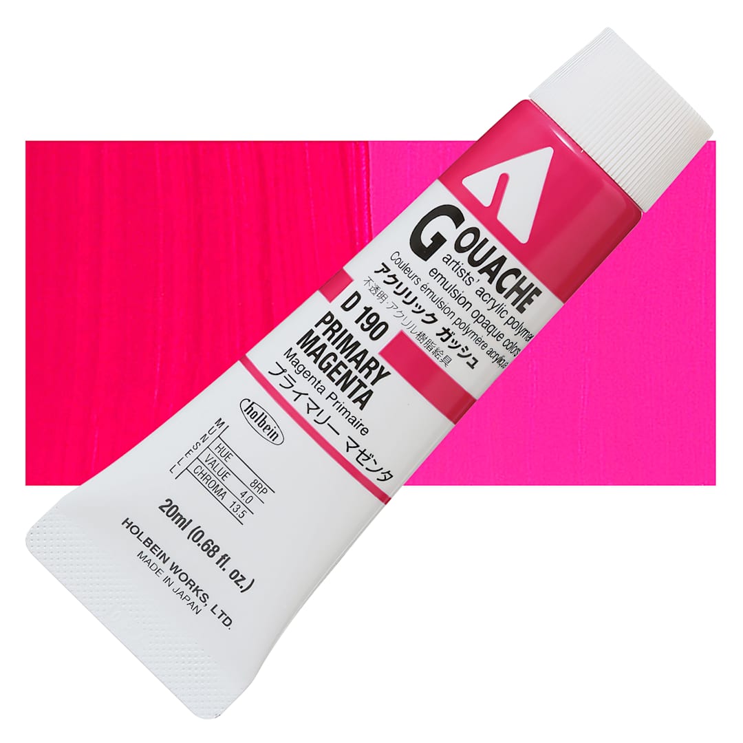 Open in modal - Holbein Acrylic Gouache - Primary Magenta, 40 ml tube and swatch