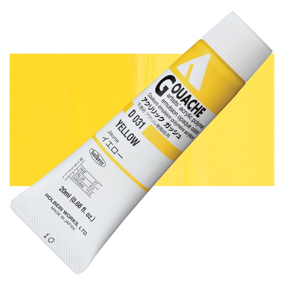 Open in modal - Holbein Acrylic Gouache - Yellow, 20 ml tube and swatch