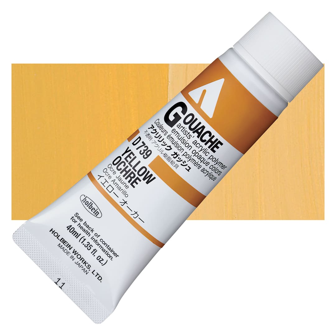 Open in modal - Holbein Acrylic Gouache - Yellow Ochre, 40 ml tube and swatch