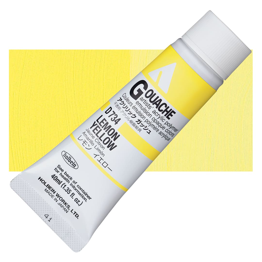 Open in modal - Holbein Acrylic Gouache - Lemon Yellow, 40 ml tube and swatch