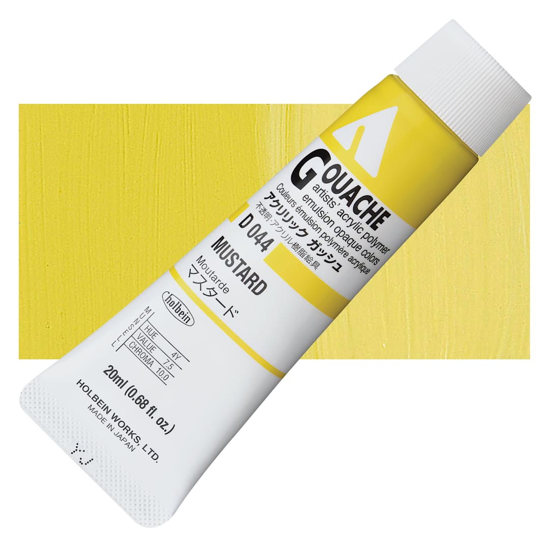 Open in modal - Holbein Acrylic Gouache - Mustard, 20 ml tube and swatch