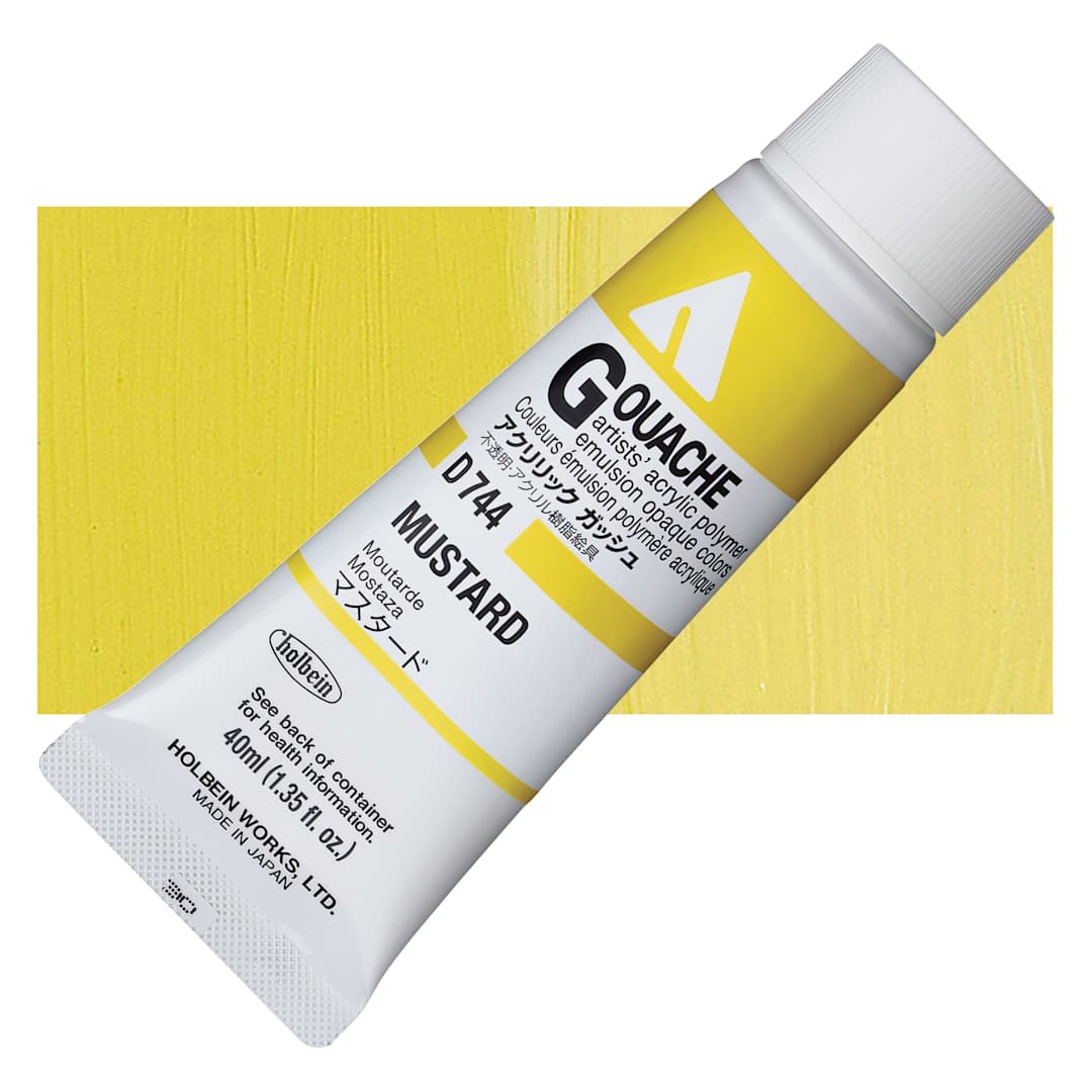 Open in modal - Holbein Acrylic Gouache - Mustard, 40 ml tube and swatch