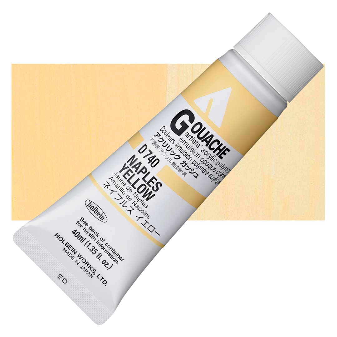 Open in modal - Holbein Acrylic Gouache - Naples Yellow, 40 ml tube and swatch