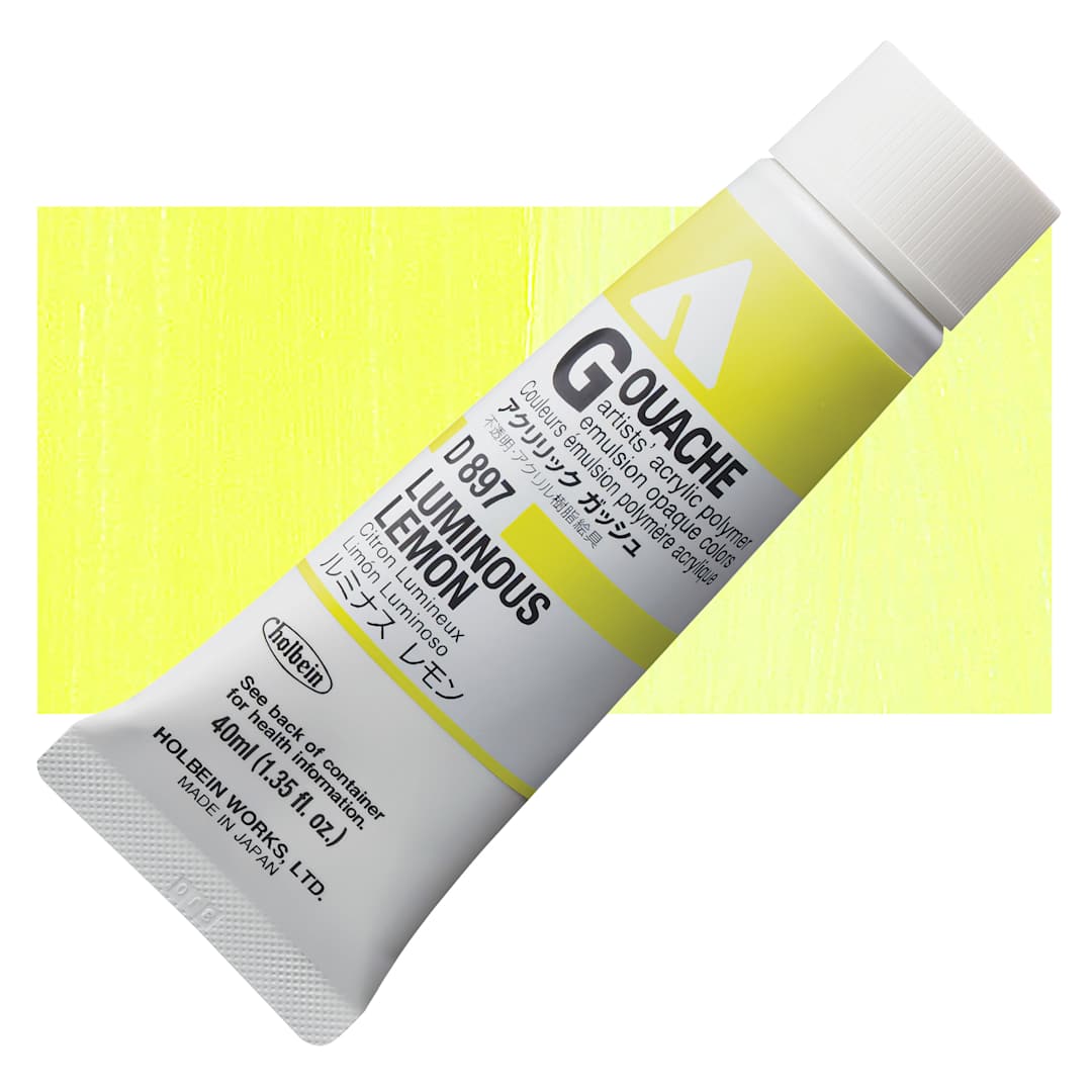 Open in modal - Holbein Acrylic Gouache - Luminous Lemon, 40 ml tube and swatch