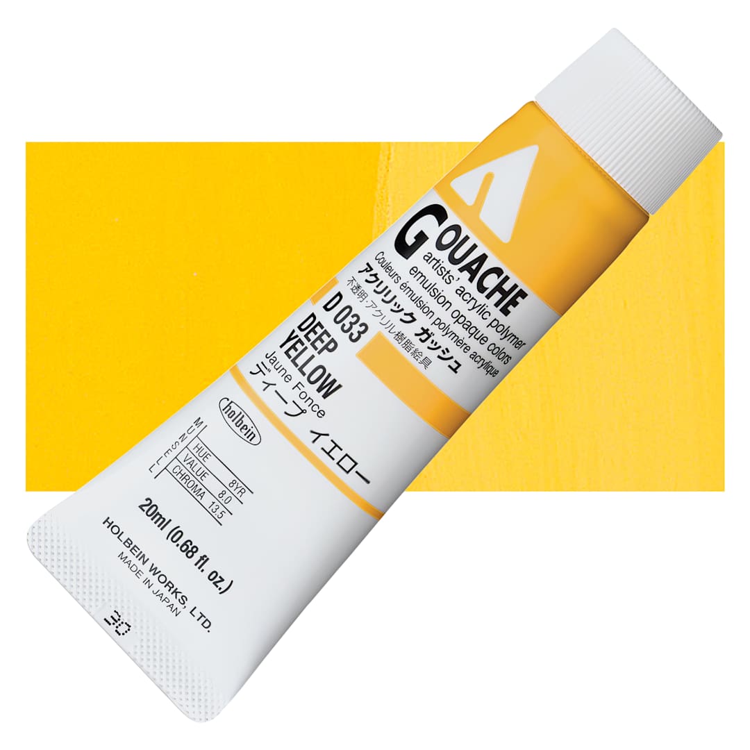 Open in modal - Holbein Acrylic Gouache - Deep Yellow, 20 ml tube and swatch