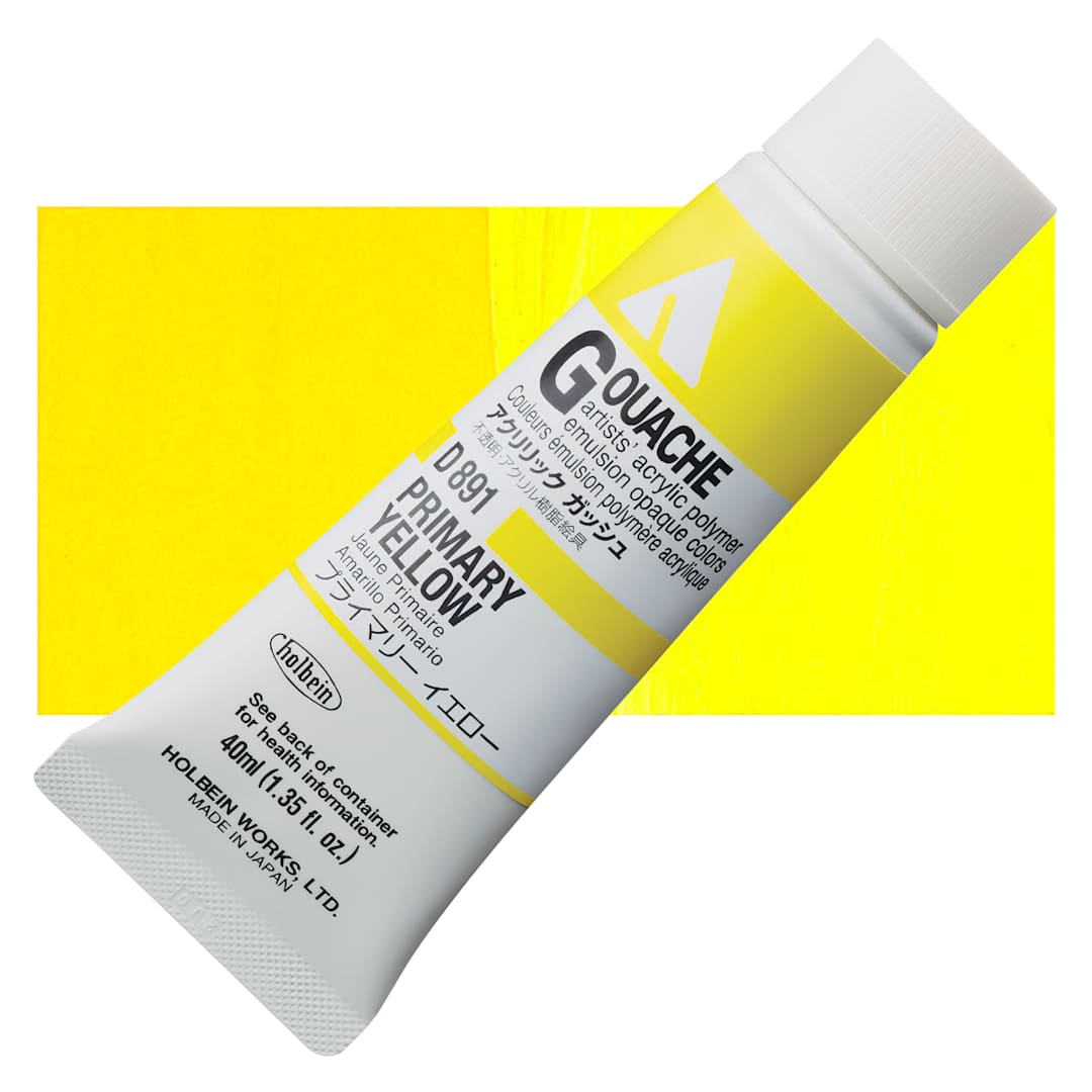 Open in modal - Holbein Acrylic Gouache - Primary Yellow, 40 ml tube and swatch