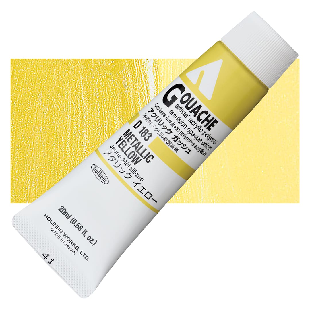 Open in modal - Holbein Acrylic Gouache - Metallic Yellow, 20 ml tube and swatch