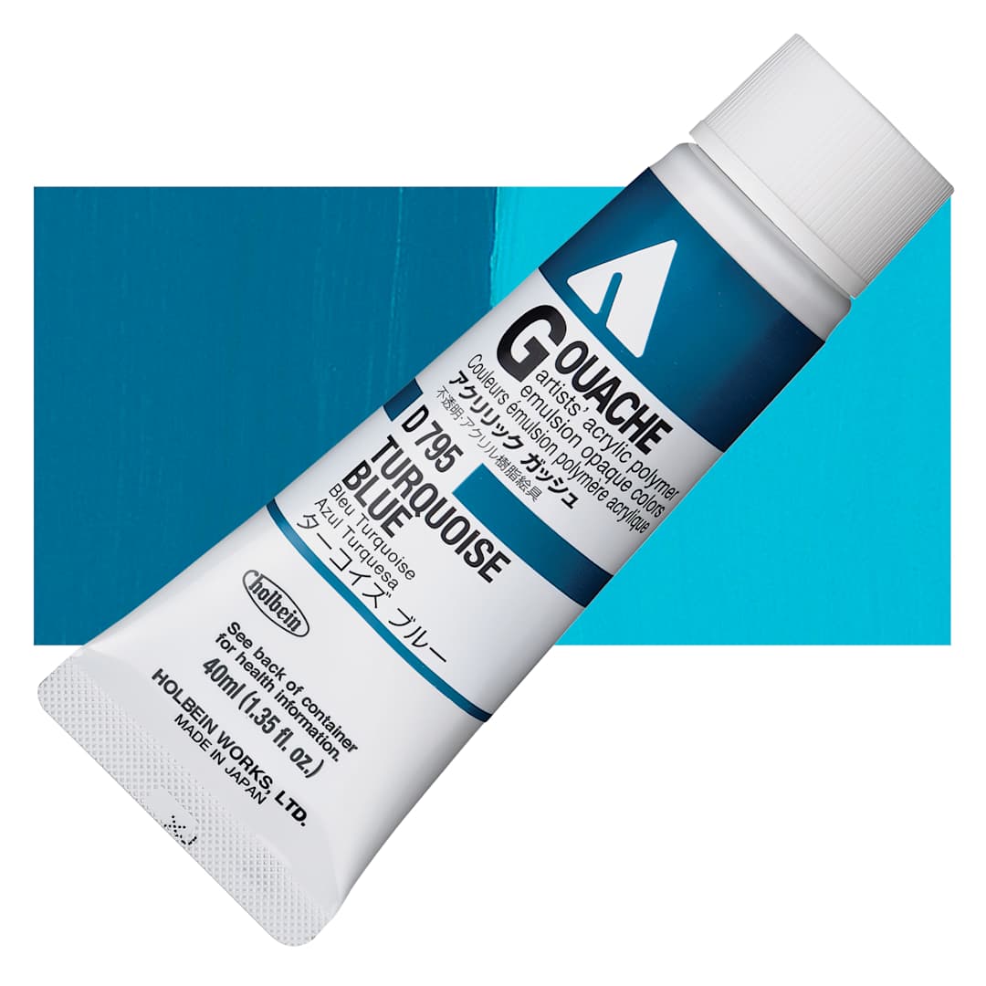 Open in modal - Holbein Acrylic Gouache - Turquoise Blue, 40 ml tube and swatch