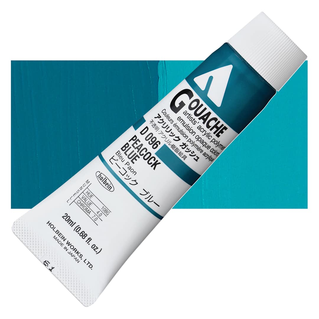 Open in modal - Holbein Acrylic Gouache - Peacock Blue, 20 ml tube and swatch