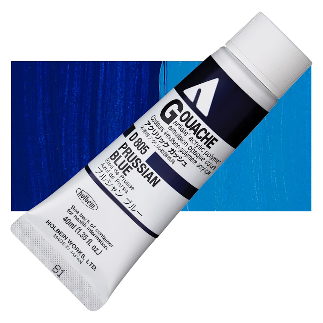 Open in modal - Holbein Acrylic Gouache - Prussian Blue, 40 ml tube and swatch