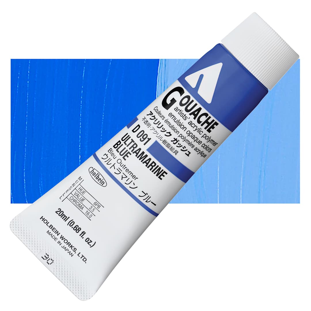 Open in modal - Holbein Acrylic Gouache - Ultramarine Blue, 20 ml tube and swatch