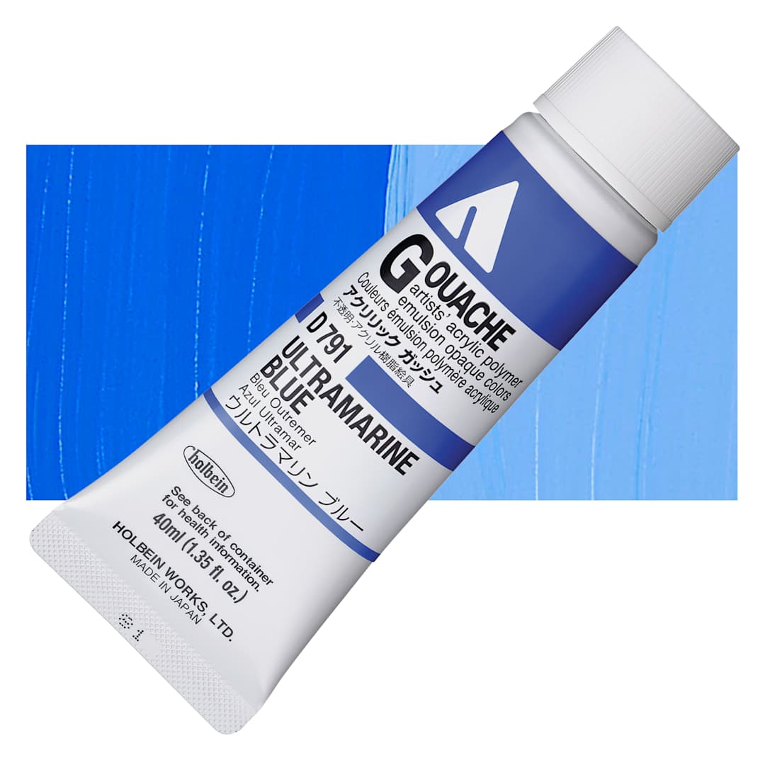 Open in modal - Holbein Acrylic Gouache - Ultramarine Blue, 40 ml tube and swatch