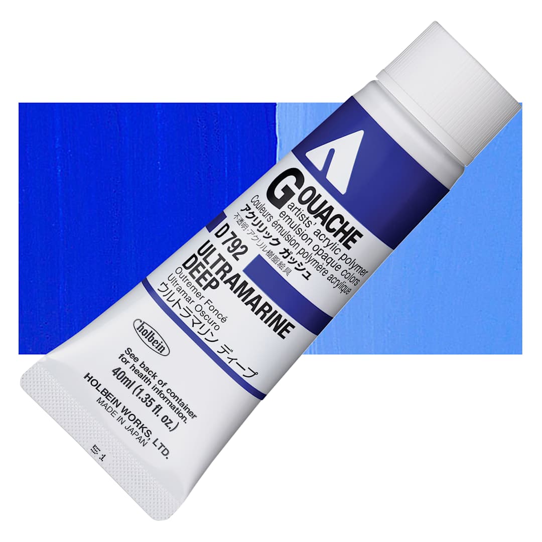 Open in modal - Holbein Acrylic Gouache - Ultramarine Deep, 40 ml tube and swatch