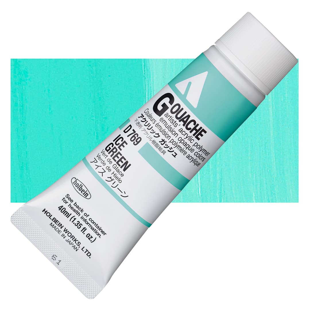 Open in modal - Holbein Acrylic Gouache - Ice Green, 40 ml tube and swatch