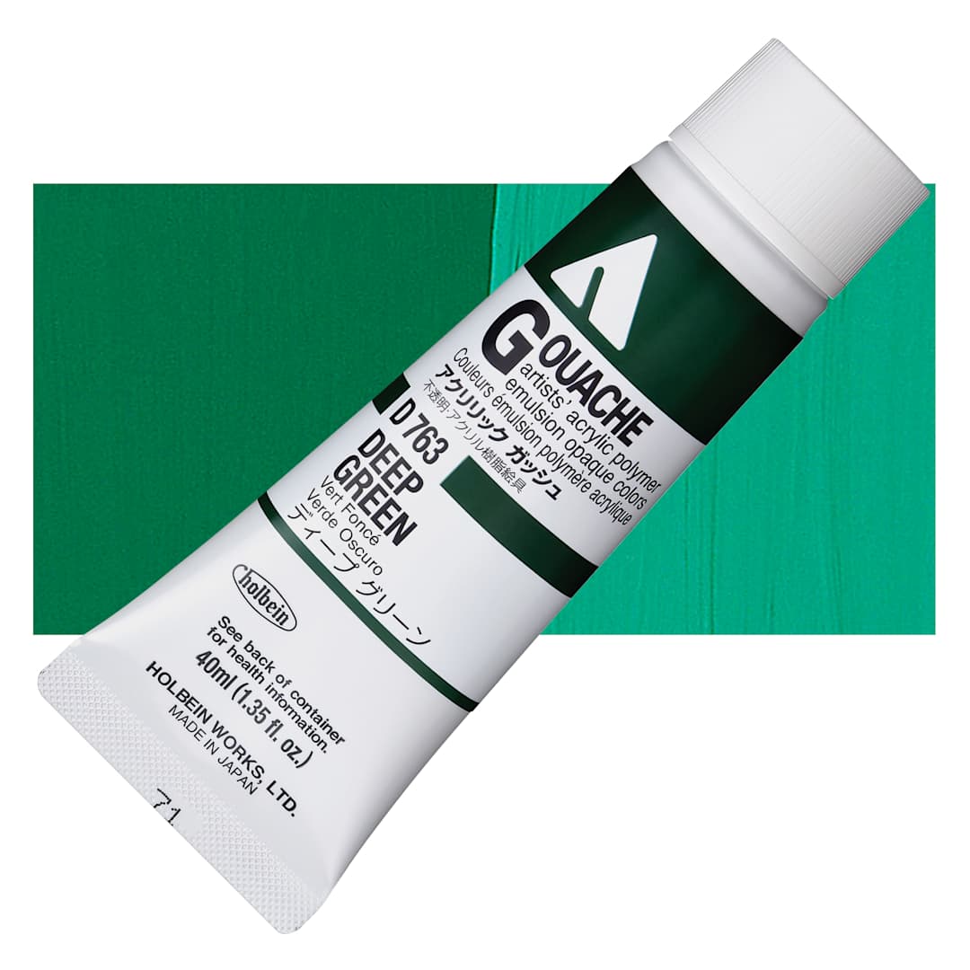 Open in modal - Holbein Acrylic Gouache - Deep Green, 40 ml tube and swatch