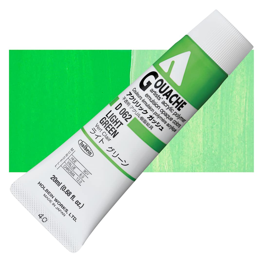 Open in modal - Holbein Acrylic Gouache - Light Green, 20 ml tube and swatch