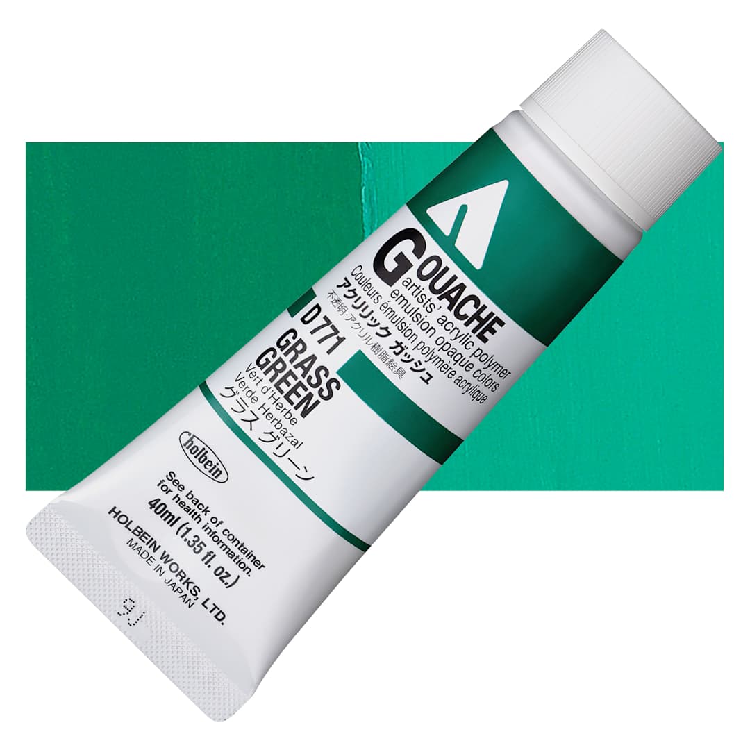 Open in modal - Holbein Acrylic Gouache - Grass Green, 40 ml tube and swatch