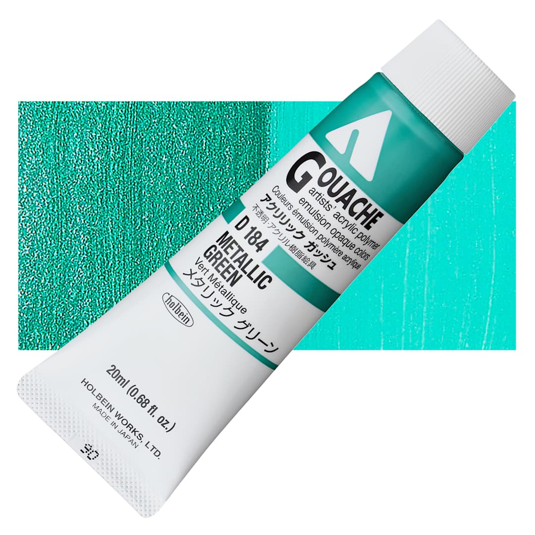 Open in modal - Holbein Acrylic Gouache - Metallic Green, 20 ml tube and swatch