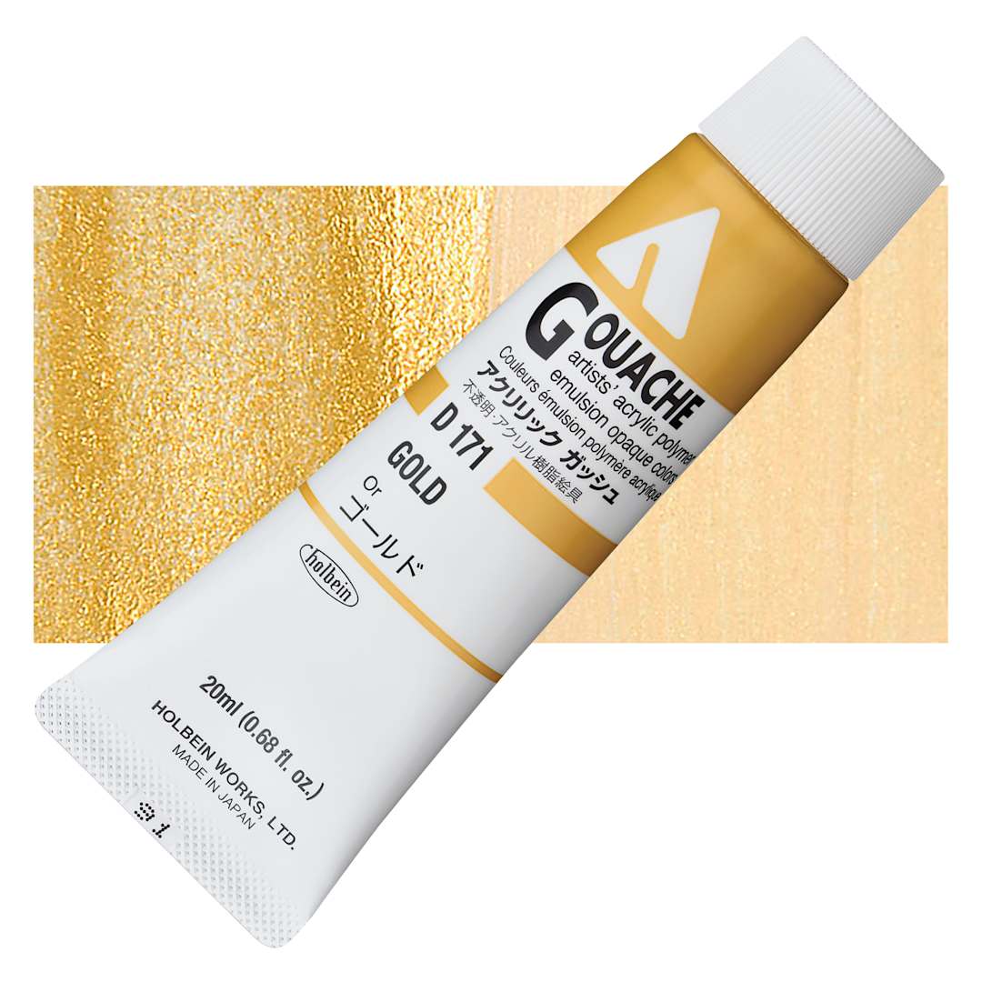 Open in modal - Holbein Acrylic Gouache - Gold, 20 ml tube and swatch