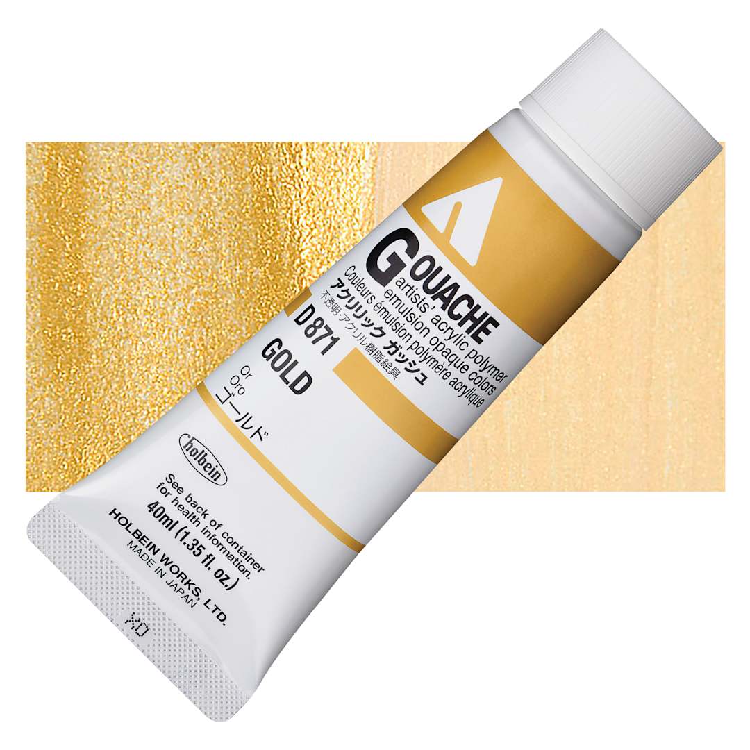 Open in modal - Holbein Acrylic Gouache - Gold, 40 ml tube and swatch