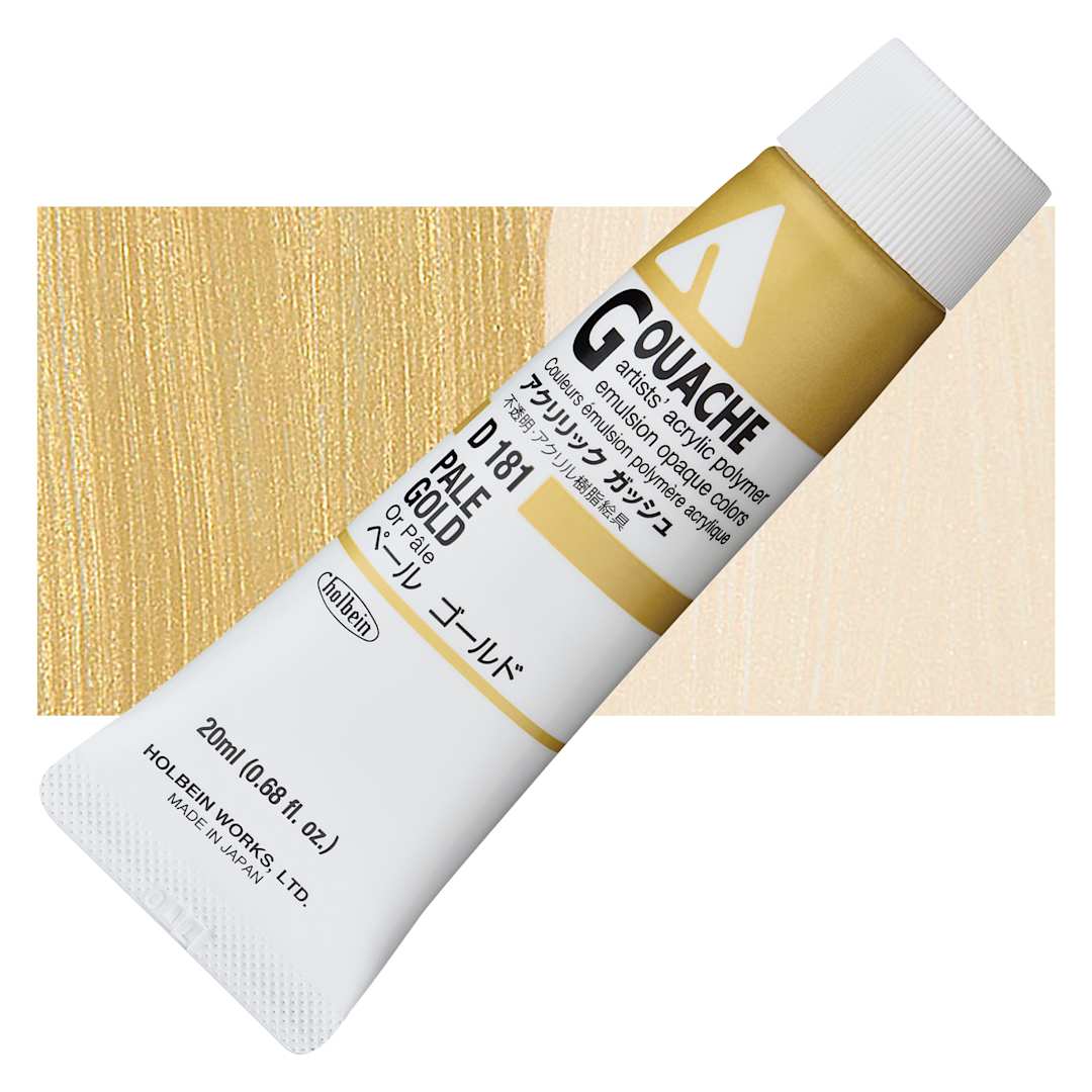 Open in modal - Holbein Acrylic Gouache - Pale Gold, 20 ml tube and swatch