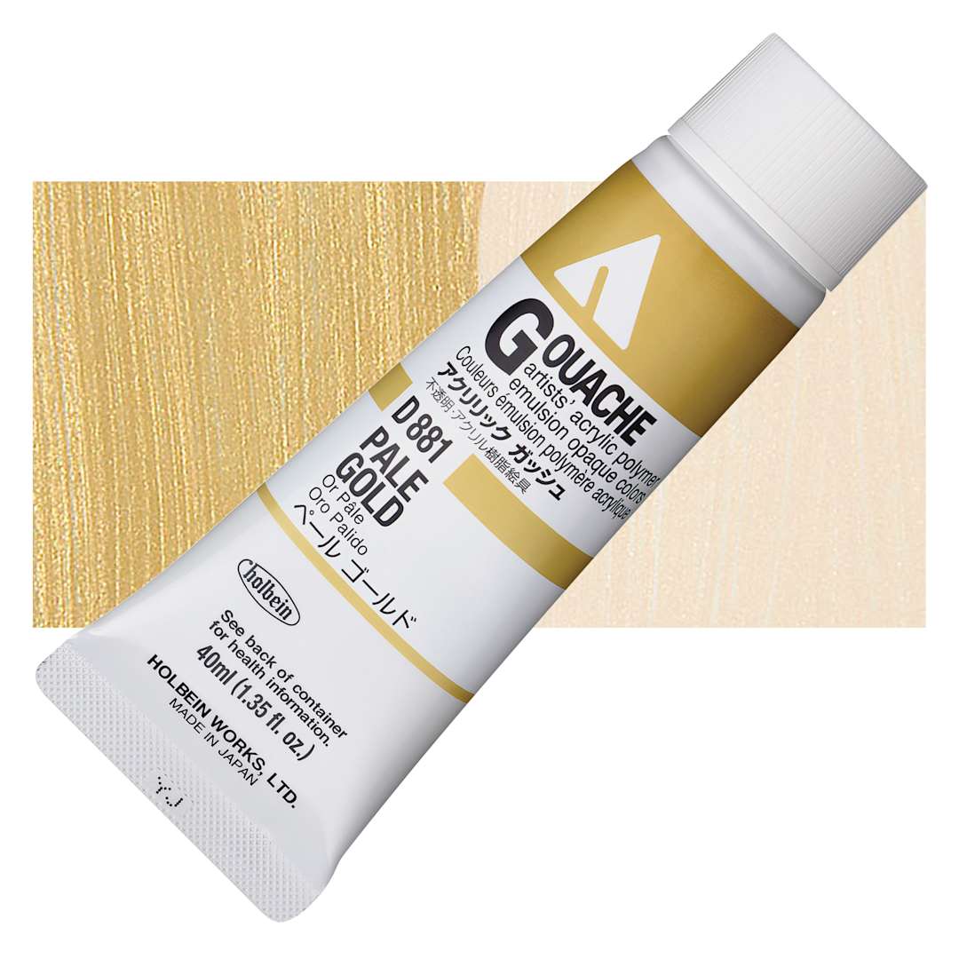 Open in modal - Holbein Acrylic Gouache - Pale Gold, 40 ml tube and swatch